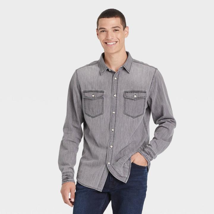 Men's Standard Fit Stretch Long Sleeve Button-down Shirt - Goodfellow & Co Gray