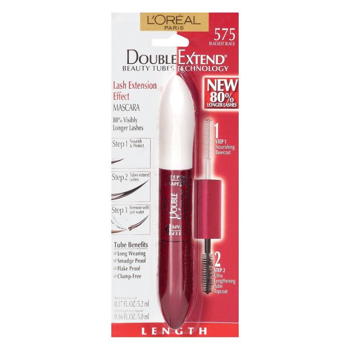 L'oreal Paris Double Extend Beauty Tubes 575 Blackest Black .33 Fl Oz, Blackest Black