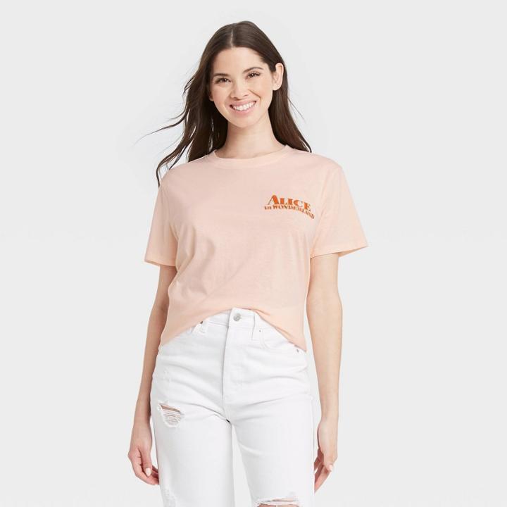 Women's Disney Alice In Wonderland Short Sleeve Graphic Boyfriend T-shirt - Peach