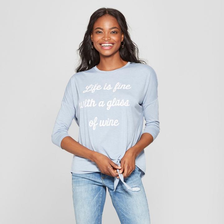 Women's Short Sleeve Life Is Fine With A Glass Of Wine Tie Front Graphic T-shirt - Modern Lux -