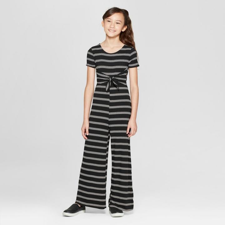 Girls' Stripe Front Tie Knit Jumpsuit - Art Class Black