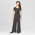 Girls' Stripe Front Tie Knit Jumpsuit - Art Class Black