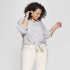 Women's Plus Size Striped Long Sleeve V-neck Button Front Shirt - Universal Thread White X, Black