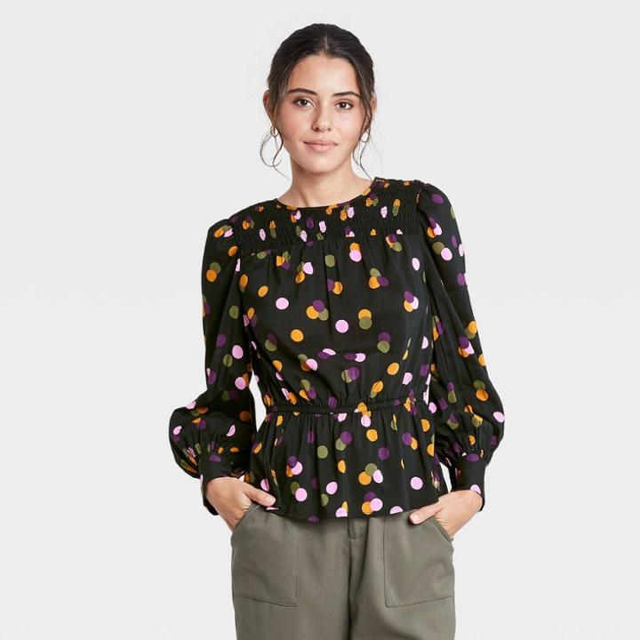 Women's Polka Dot Balloon Long Sleeve Smocked Top - Who What Wear Black