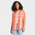 Women's Plaid Long Sleeve Button-down Shirt - Universal Thread Coral