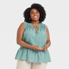 Women's Plus Size Sleeveless Smocked V-neck Top - A New Day Teal