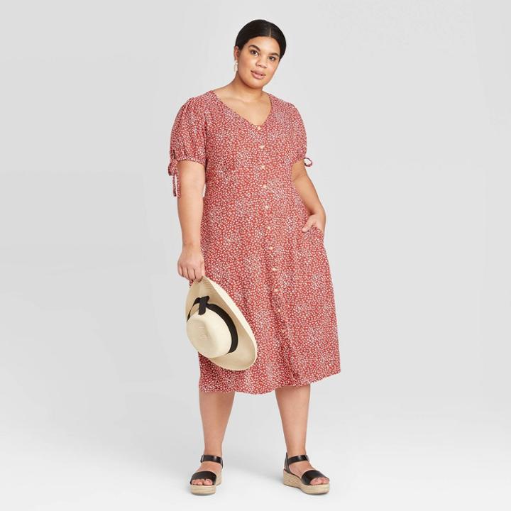 Women's Plus Size Floral Print Short Sleeve Button-front Dress - Universal Thread Red 1x, Women's,