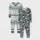 Baby Boys' 2pk Striped Dino Snug Fit Pajama Romper - Cat & Jack Green