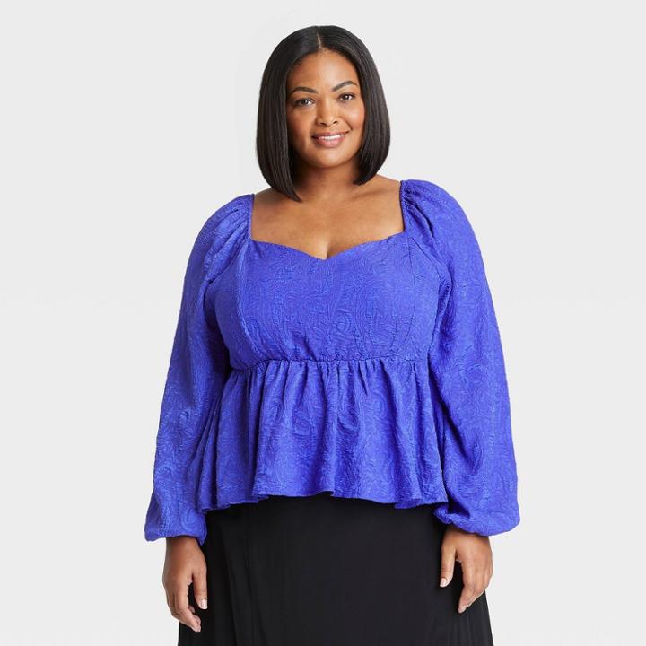 Women's Plus Size Long Sleeve Sweetheart Peplum Top - Ava & Viv Blue