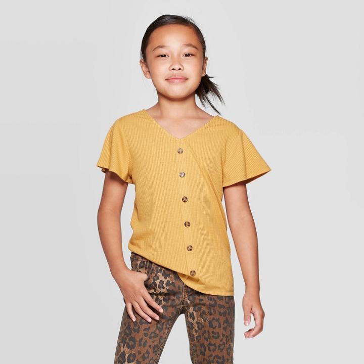 Girls' Short Sleeve Button Front Top - Art Class Yellow