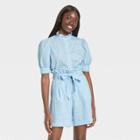 Women's Floral Print Puff Elbow Sleeve Ruffle Detail Top - Who What Wear Blue