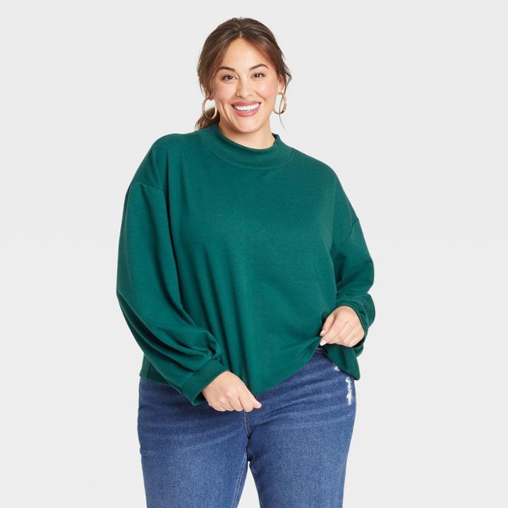 Women's Plus Size Long Sleeve Fleece Cropped Mock Turtleneck Pullover Shirt - Ava & Viv Green