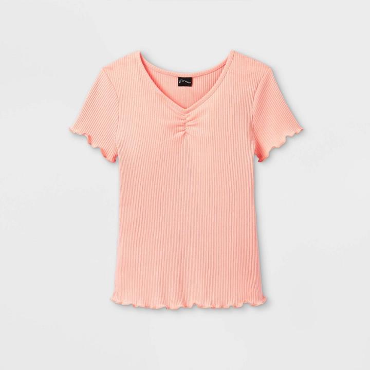 Girls' Cinch Front Lettuce Edge Short Sleeve T-shirt - Art Class Pink