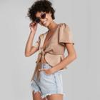 Women's Cropped Short Sleeve Tie-front Flutter Top - Wild Fable Taupe Brown