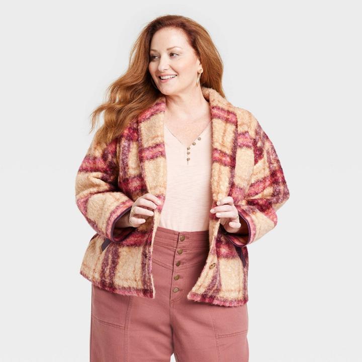 Women's Plus Size Plaid Sweater Overcoat - Knox Rose Burgundy Plaid