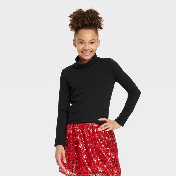Girls' Long Sleeve Turtle Neck T-shirt - Cat & Jack Black