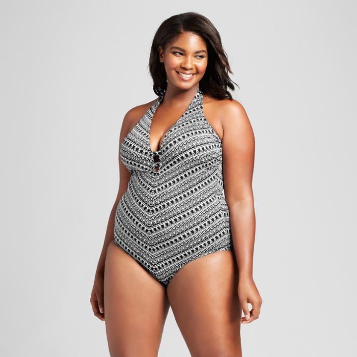 Clean Water Women's Plunge Halter One Piece Swimsuit - Black/white
