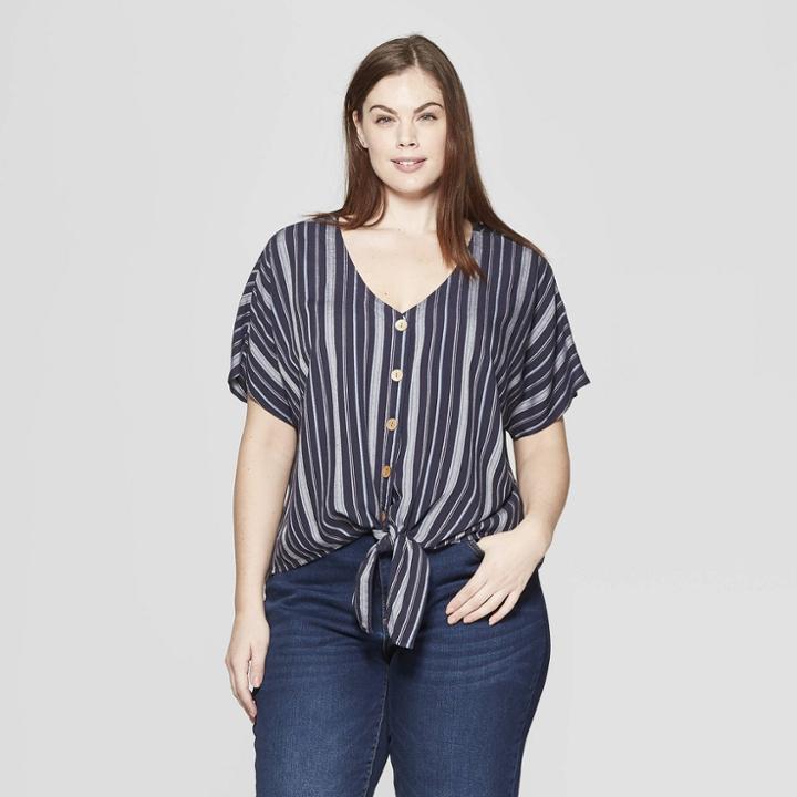 Women's Plus Size Striped Short Sleeve V-neck Tie Front Top - Universal Thread Blue