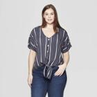 Women's Plus Size Striped Short Sleeve V-neck Tie Front Top - Universal Thread Blue