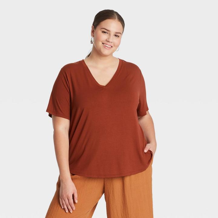 Women's Plus Size Short Sleeve V-neck Drapey T-shirt - A New Day Dark Burgundy