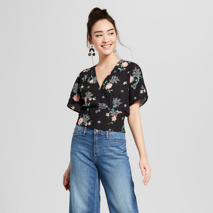 Women's Floral Print Short Sleeve Faux Wrap Top - 3hearts (juniors') Black