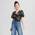 Women's Floral Print Short Sleeve Faux Wrap Top - 3hearts (juniors') Black