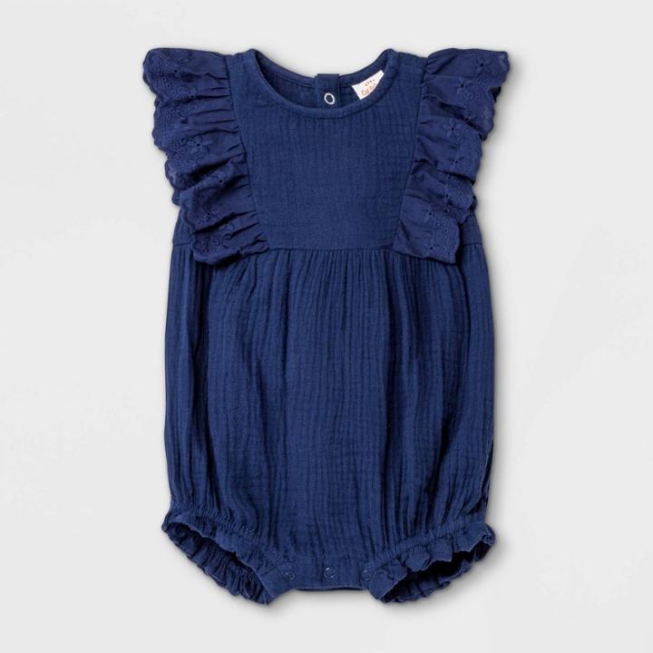 Baby Girls' Bubble Gauze Short Sleeve Romper - Cat & Jack Navy
