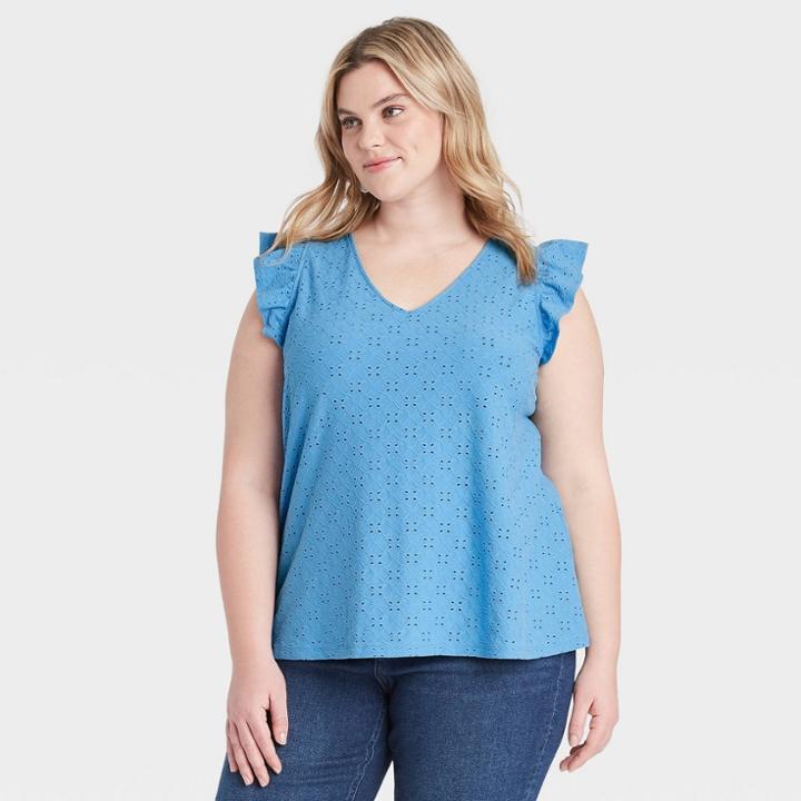 Women's Plus Size V-neck Slim Fit Eyelet Ruffle Tank Top - Ava & Viv Blue X