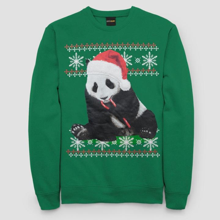 Fifth Sun Men's Ugly Holiday Panda With Candy Cane Long Sleeve Pullover Sweater - Kelly Green