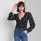 Women's Long Sleeve V-neck Cinched Front Top - Wild Fable Black Floral