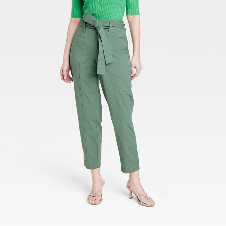 Women's High-rise Tapered Ankle Tie-front Pants - A New Day Olive