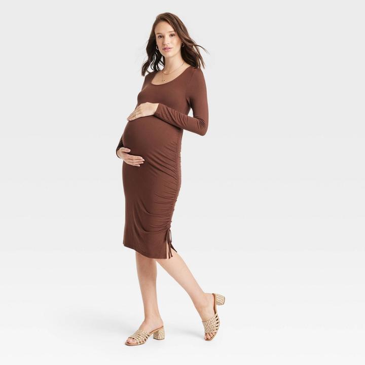 Long Sleeve Rushed Bodycon Maternity Dress - Isabel Maternity By Ingrid & Isabel Brown