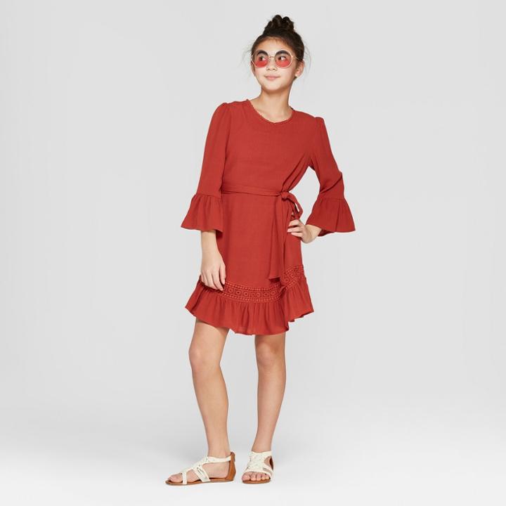 Girls' Lace Detailed Dress - Art Class Brick Red