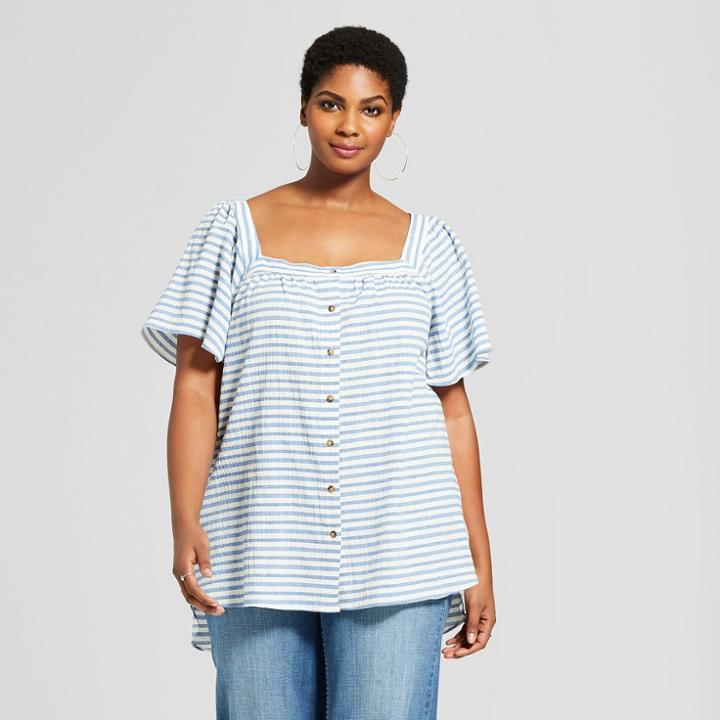 Women's Plus Size Striped Woven Short Sleeve Top - Ava & Viv Blue/white