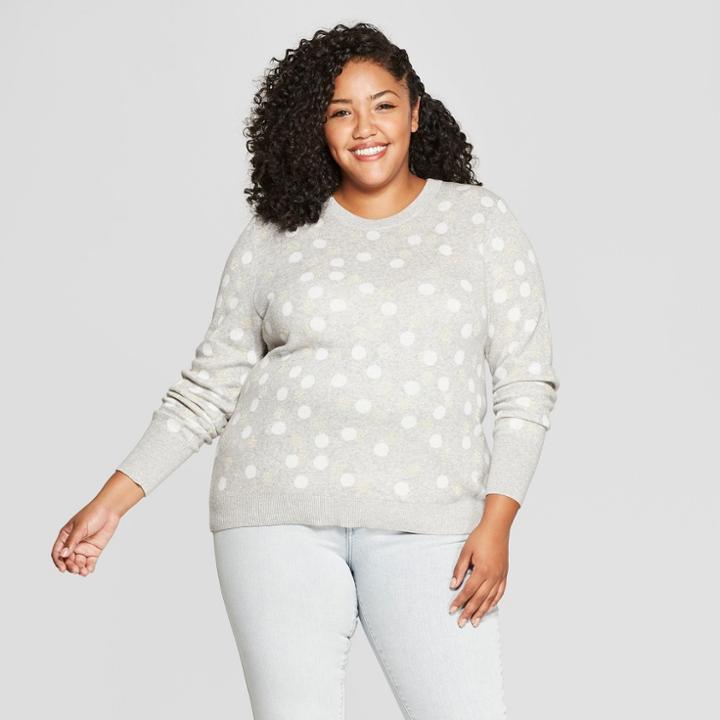 Women's Plus Size Metallic Polka Dot Pullover Sweater - A New Day Gray