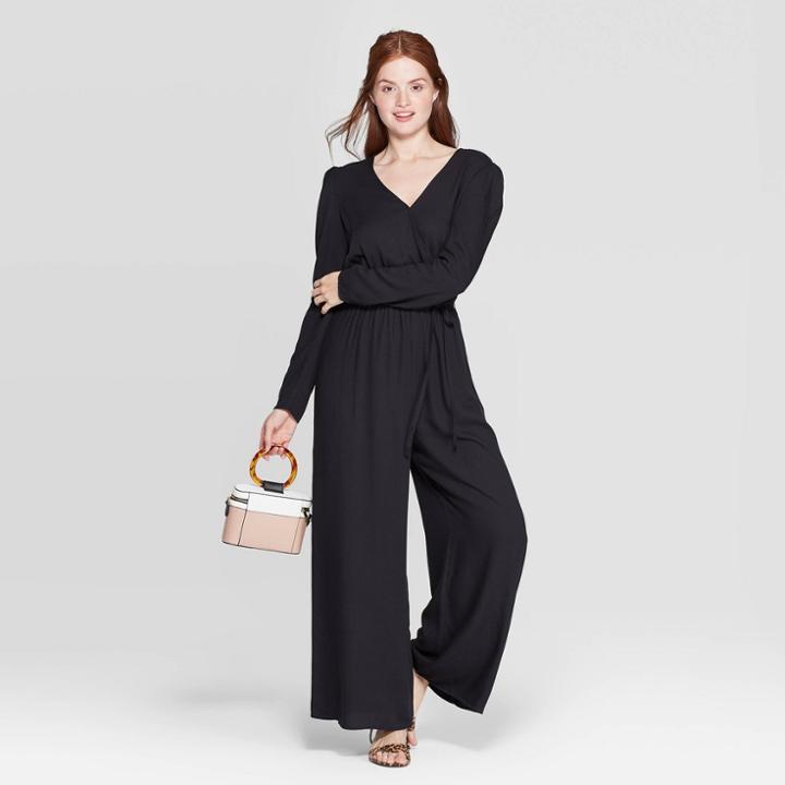 Women's Long Sleeve V-neck Wide Leg Jumpsuit - A New Day Black