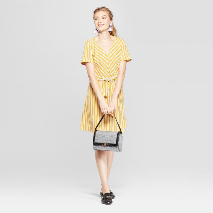 Women's Striped Short Sleeve Tie-waist Crepe Dress - A New Day Yellow