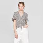 Women's Leopard Print Ruffle Short Sleeve V-neck Tunnel Front Top - Who What Wear Peach