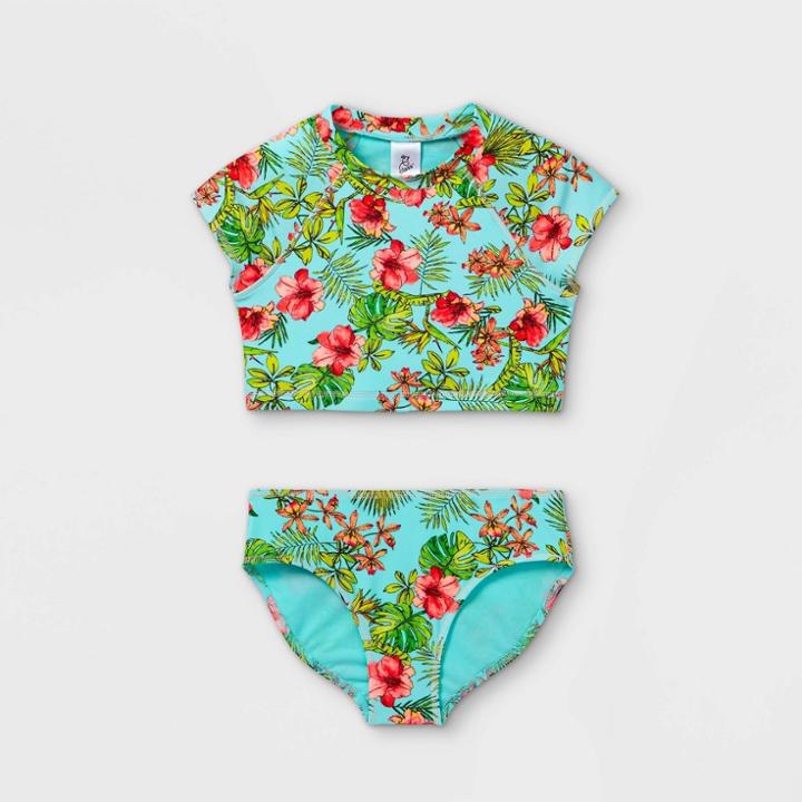 Girls' Floral Print Short Sleeve Bikini Set - Art Class