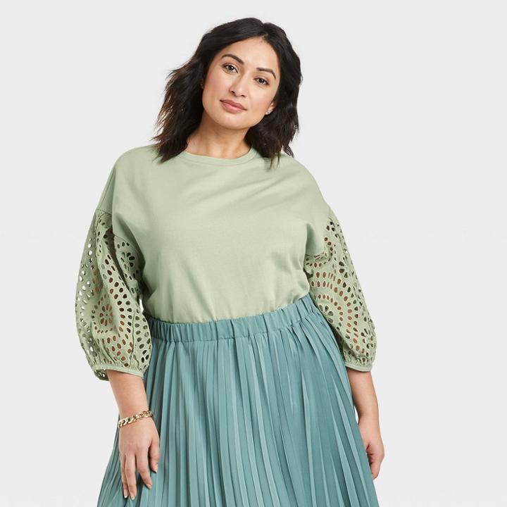 Women's Plus Size Long Sleeve Round Neck Eyelet Top - A New Day