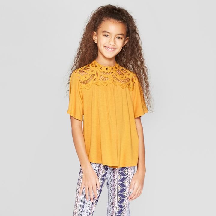 Girls' Crochet Mock Neck Short Sleeve Top - Art Class Gold