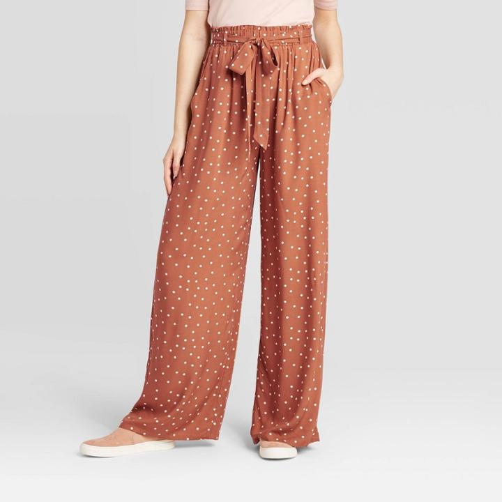 Women's Polka Dot Mid-rise Belted Wide Leg Soft Pants - Xhilaration Brown