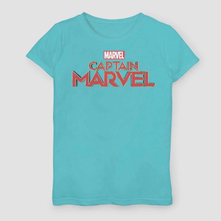 Girls' Marvel Captain Marvel Logo Short Sleeve T-shirt - Aqua Blue