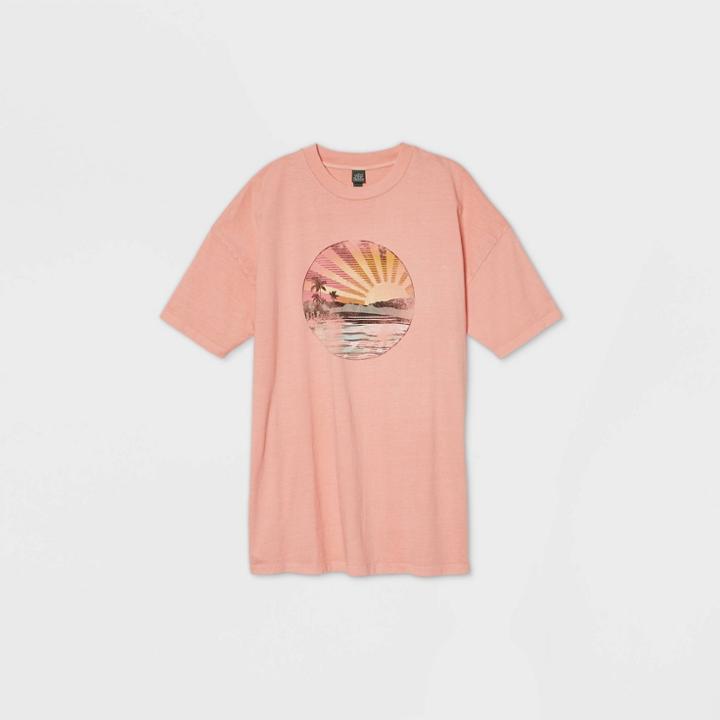 Women's Short Sleeve Round Neck Sunset Graphic Oversized T-shirt - Wild Fable Coral Xs, Women's, Pink