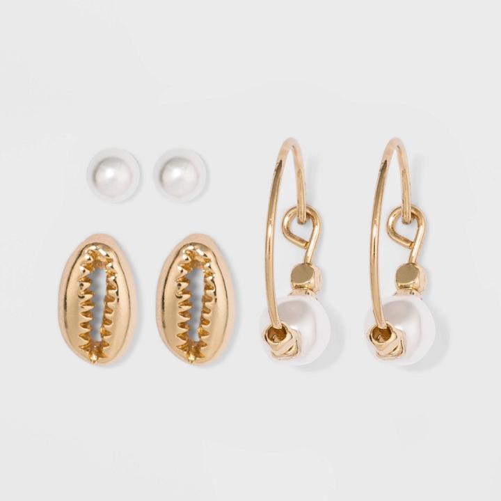 Zinc And Brass Stud Earring Set 3pc- A New Day Gold, Women's,