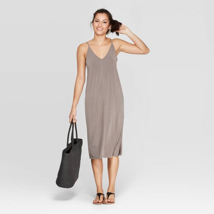 Target Women's Casual Fit Sleeveless V-neck Sandwash Midi Dress - A New Day Taupe Gray