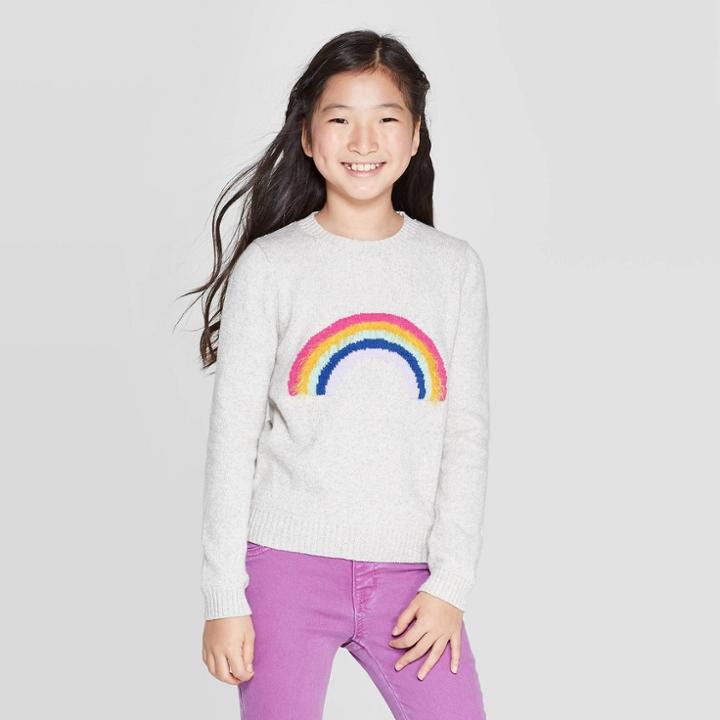 Girls' Long Sleeve Rainbow Pullover Sweater - Cat & Jack Gray M, Girl's,