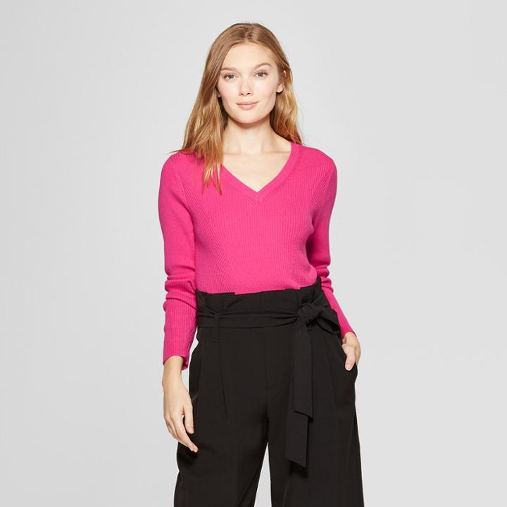 Women's V-neck Ribbed Pullover Sweater - A New Day Pink
