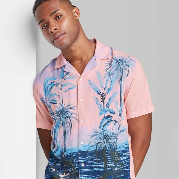 Adult Printed Casual Fit Short Sleeve Button-down Shirt - Original Use Coral Berry/tree S, Pink Pink/tree