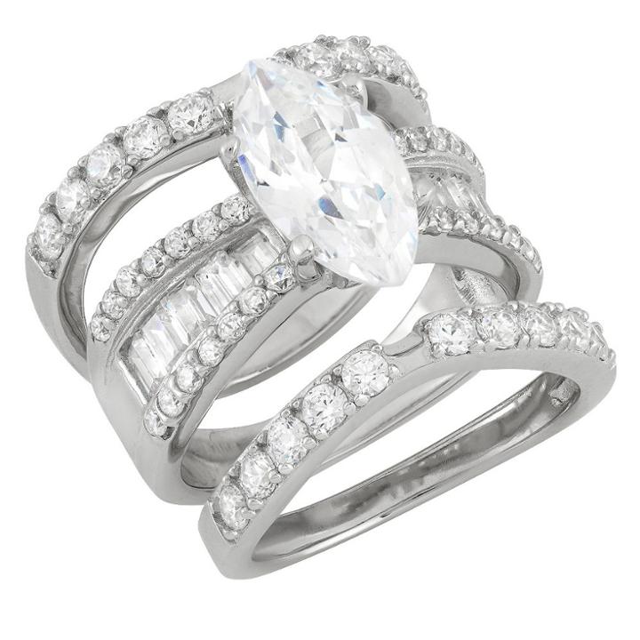 Tiara 4.35 Ct. T.w. 14x7mm Marquise-cut Cubic Zirconia With Baguette Side Stones 3-piece Ring Set In Sterling Silver -